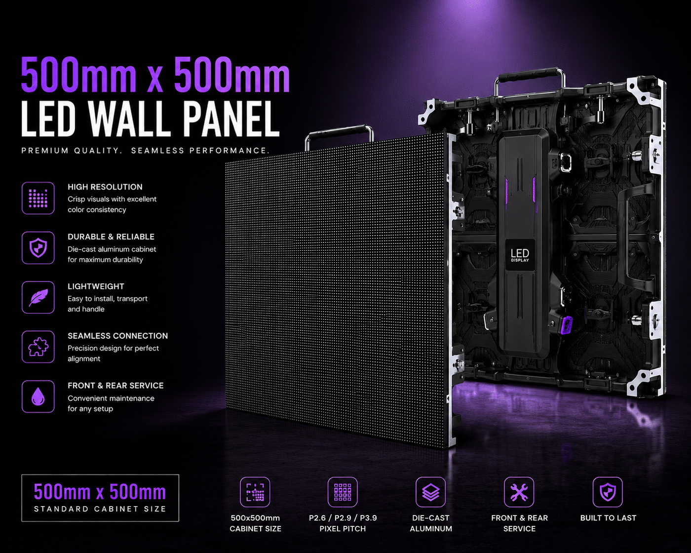 LED panel cabinet — 500mm x 500mm die-cast aluminum